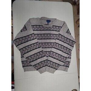 Vintage Towncraft Mens Cardigan Sweater 2XL Grey Striped Ribbed Grandpa (BB34)